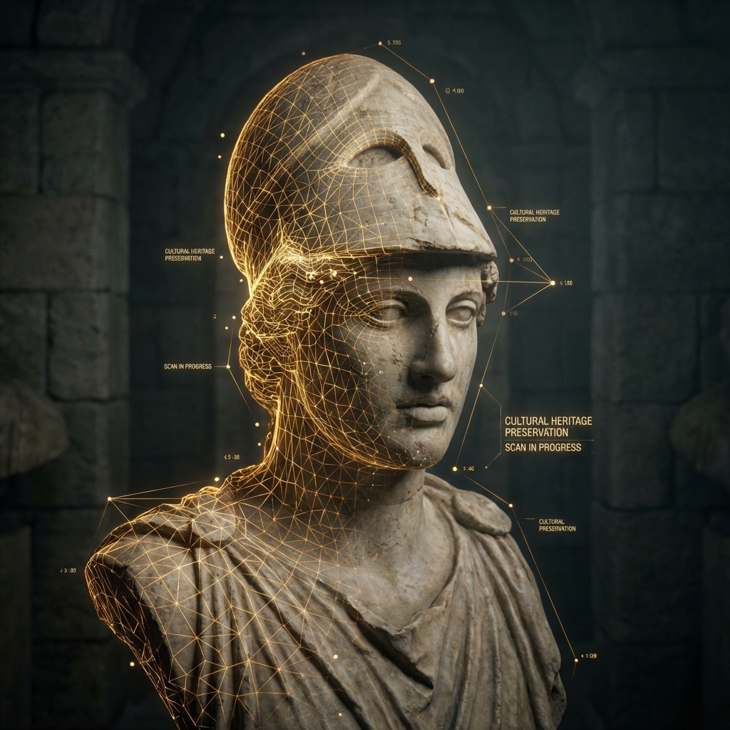 文化資產數位保存示意圖：傳統建築與數位掃描